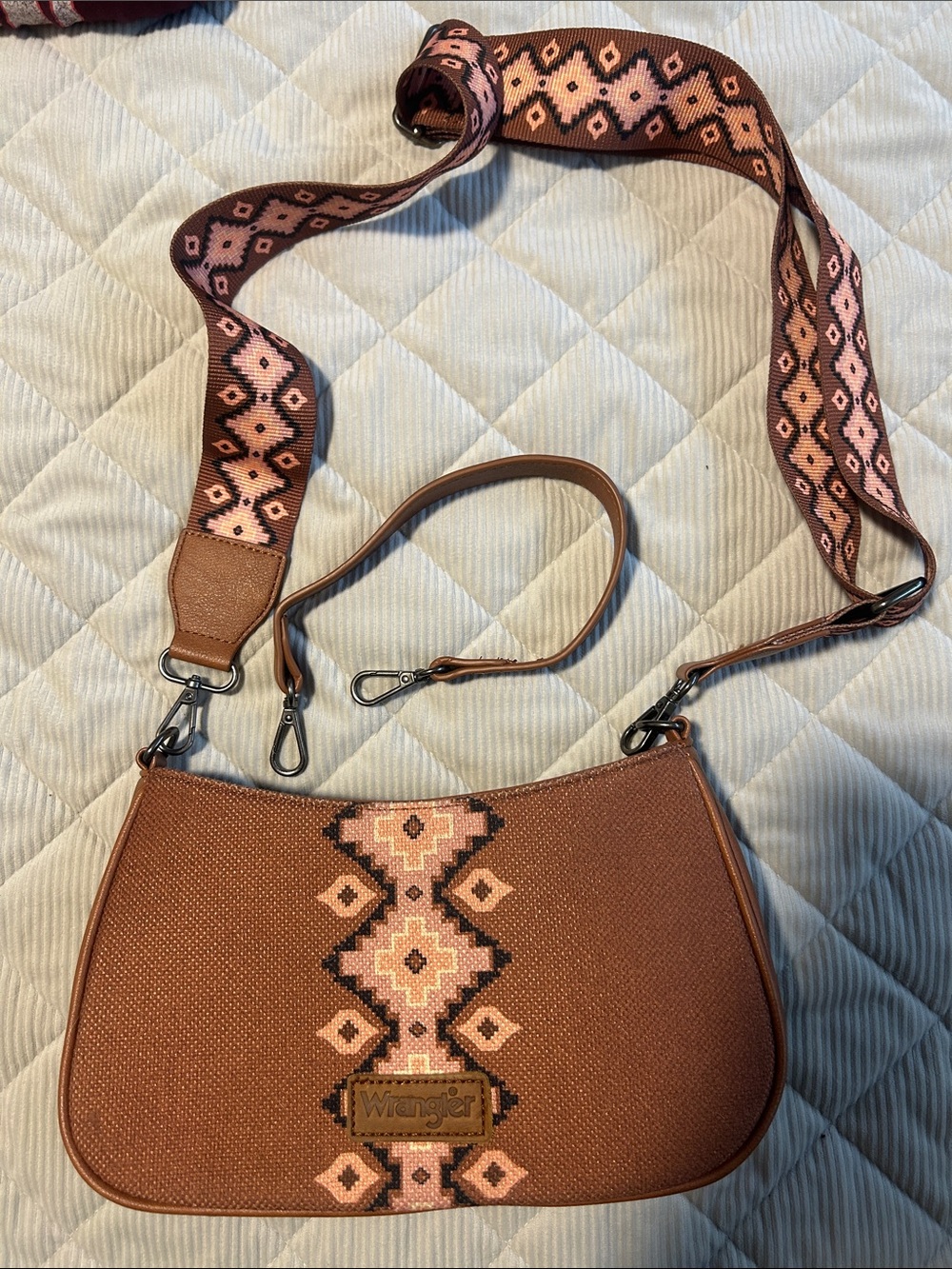 Wrangler Brown Crossbody Bag with Pink Embroidered Pattern